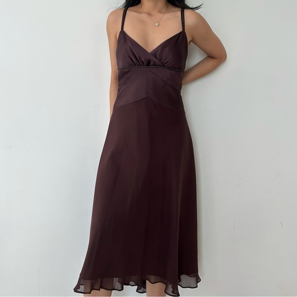 Jones New York Brown Silk V-Neck Midi Formal Dress - Medium - Picture 2 of 4